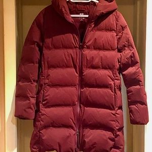 Dark Burgundy-colored Knee-Length Down Winter Coat